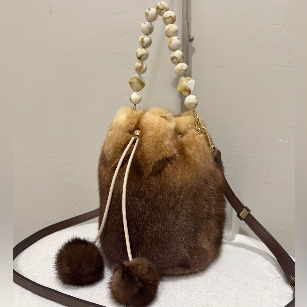 Brown Gradient Real Mink Fur Handmade Drawstring Bucket Bag Includes 2 Straps